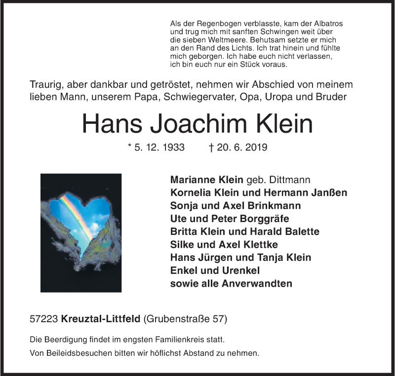  Traueranzeige für Hans Joachim Klein vom 26.06.2019 aus Siegener Zeitung