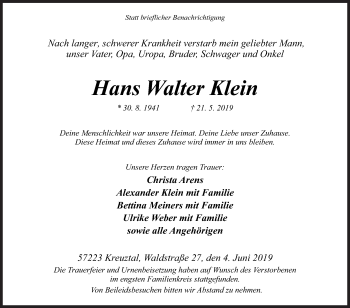 Traueranzeige von Hans Walter Klein von Siegener Zeitung