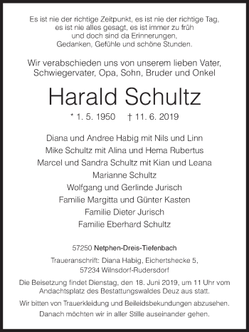 Traueranzeige von Harald Schultz von Siegener Zeitung