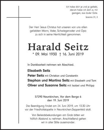 Traueranzeige von Harald Seitz von Siegener Zeitung