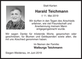 Traueranzeige von Harald Teichmann von Siegener Zeitung