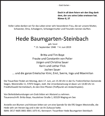 Traueranzeige von Hede Baumgarten-Steinbach von Siegener Zeitung
