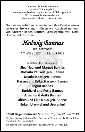 Traueranzeige von Hedwig Bannas von Siegener Zeitung