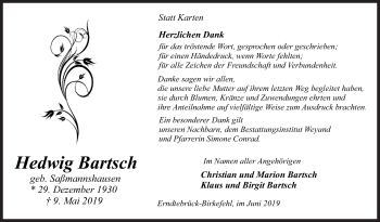 Traueranzeige von Hedwig Bartsch von Siegener Zeitung