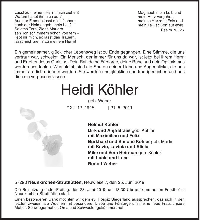  Traueranzeige für Heidi Köhler vom 25.06.2019 aus Siegener Zeitung