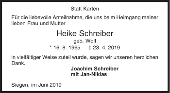 Traueranzeige von Heike Schreiber von Siegener Zeitung