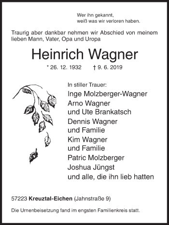 Traueranzeige von Heinrich Wagner von Siegener Zeitung