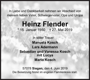 Traueranzeige von Heinz Flender von Siegener Zeitung