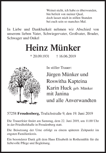 Traueranzeige von Heinz Münker von Siegener Zeitung