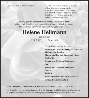 Traueranzeige von Helene Hellmann von Siegener Zeitung