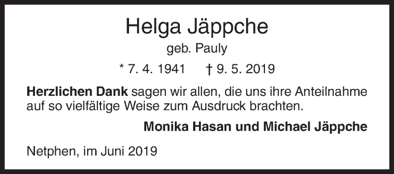  Traueranzeige für Helga Jäppche vom 15.06.2019 aus Siegener Zeitung