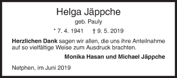 Traueranzeige von Helga Jäppche von Siegener Zeitung