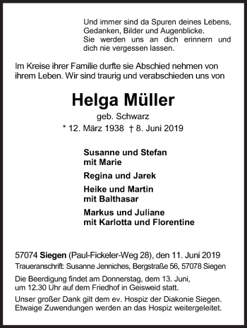 Traueranzeige von Helga Müller von Siegener Zeitung