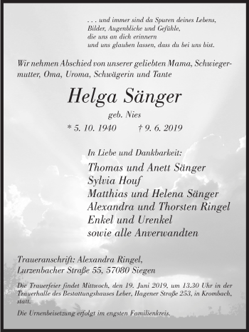 Traueranzeige von Helga Sänger von Siegener Zeitung