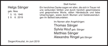 Traueranzeige von Helga Sänger von Siegener Zeitung