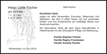 Traueranzeige von Helga Luise Fischer von Siegener Zeitung