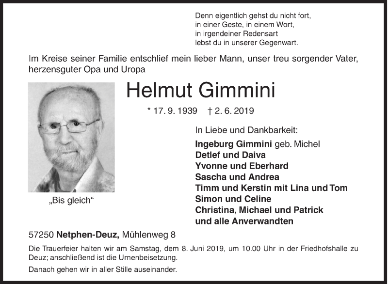  Traueranzeige für Helmut Gimmini vom 05.06.2019 aus Siegener Zeitung