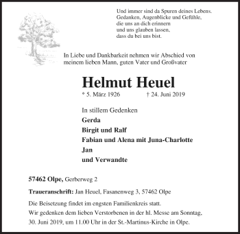 Traueranzeige von Helmut Heuel von Siegener Zeitung