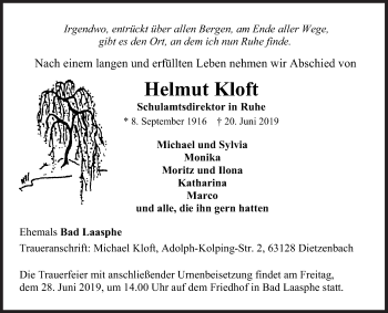 Traueranzeige von Helmut Kloft von Siegener Zeitung
