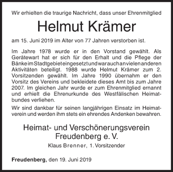 Traueranzeige von Helmut Krämer von Siegener Zeitung