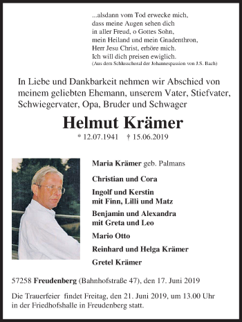 Traueranzeige von Helmut Krämer von Siegener Zeitung