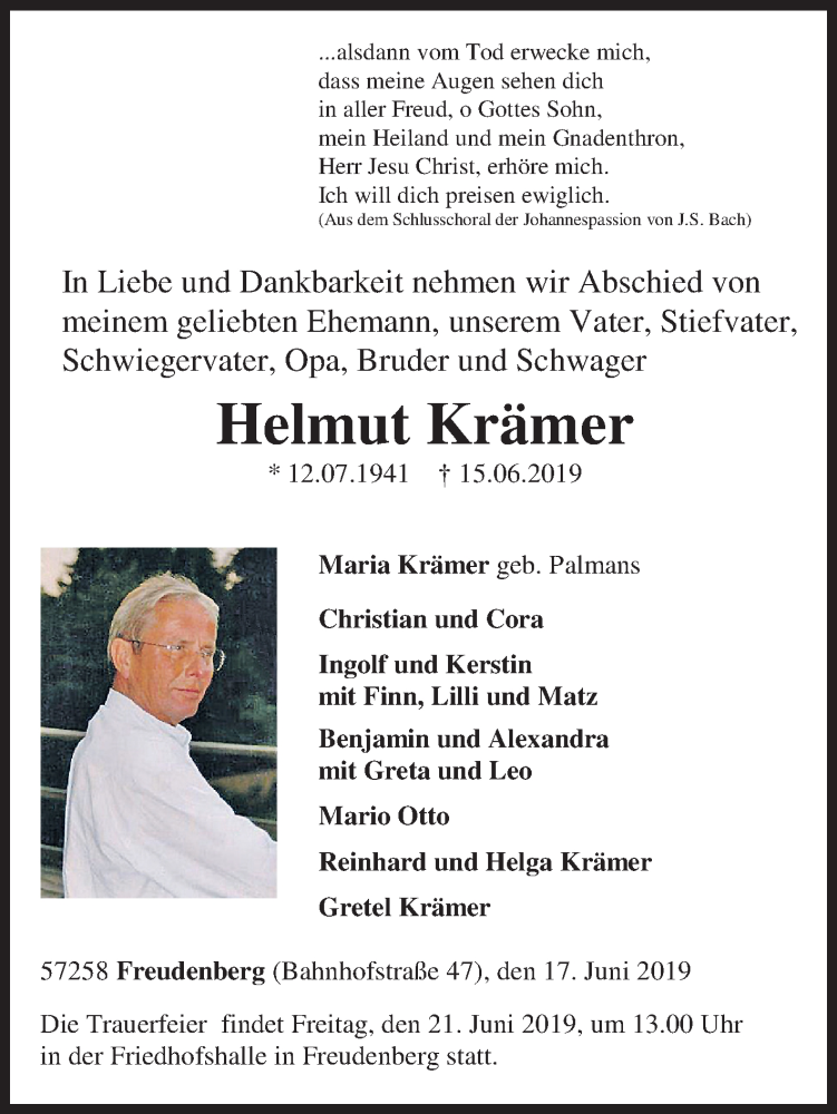  Traueranzeige für Helmut Krämer vom 17.06.2019 aus Siegener Zeitung