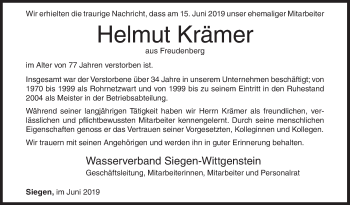 Traueranzeige von Helmut Krämer von Siegener Zeitung