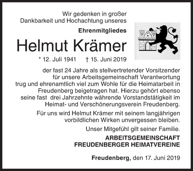 Traueranzeige für Helmut Krämer vom 18.06.2019 aus Siegener Zeitung