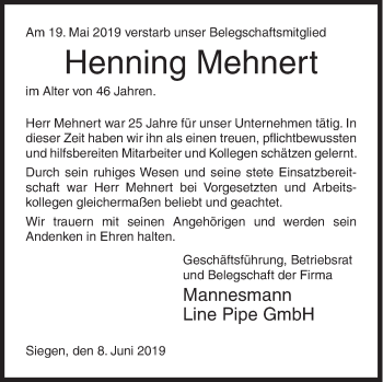 Traueranzeige von Henning Mehnert von Siegener Zeitung