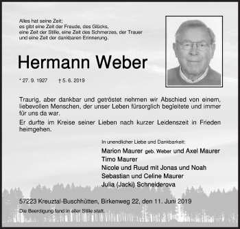 Traueranzeige von Hermann Weber von Siegener Zeitung