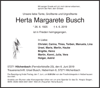 Traueranzeige von Herta Margarete Busch von Siegener Zeitung