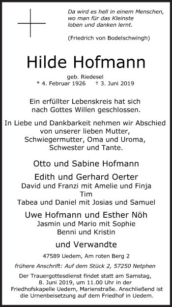Traueranzeige von Hilde Hofmann von Siegener Zeitung