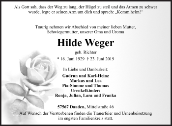 Traueranzeige von Hilde Weger von Siegener Zeitung