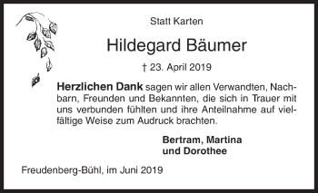 Traueranzeige von Hildegard Bäumer von Siegener Zeitung