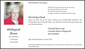 Traueranzeige von Hildegard Hesse von Siegener Zeitung