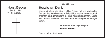 Traueranzeige von Horst Becker von Siegener Zeitung