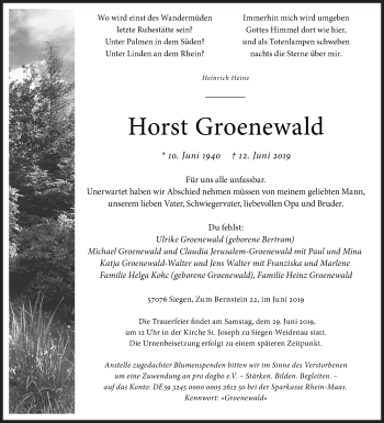 Traueranzeige von Horst Groenewald von Siegener Zeitung
