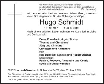 Traueranzeige von Hugo Schmidt von Siegener Zeitung