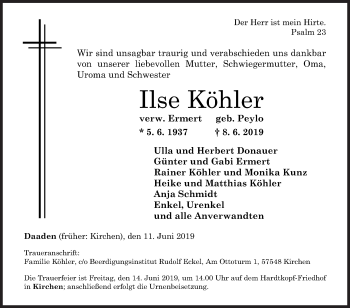 Traueranzeige von Ilse Köhler von Siegener Zeitung
