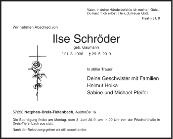 Traueranzeige von Ilse Schröder von Siegener Zeitung