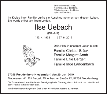 Traueranzeige von Ilse Uebach von Siegener Zeitung
