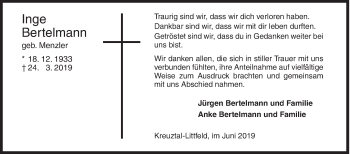 Traueranzeige von Inge Bertelmann von Siegener Zeitung