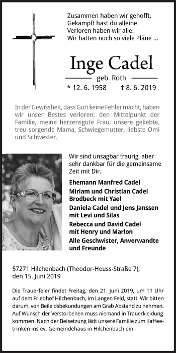 Traueranzeige von Inge Cadel von Siegener Zeitung