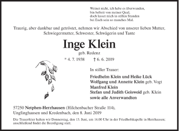 Traueranzeige von Inge Klein von Siegener Zeitung