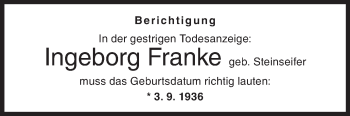 Traueranzeige von Ingeborg Franke von Siegener Zeitung