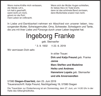 Traueranzeige von Ingeborg Franke von Siegener Zeitung