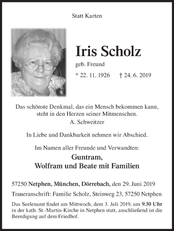 Traueranzeige von Iris Scholz von Siegener Zeitung