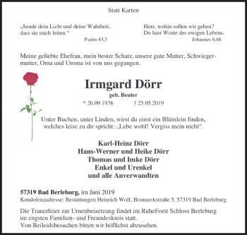 Traueranzeige von Irmgard Dörr von Siegener Zeitung