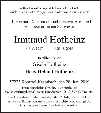 Traueranzeige von Irmtraud Hofheinz von Siegener Zeitung