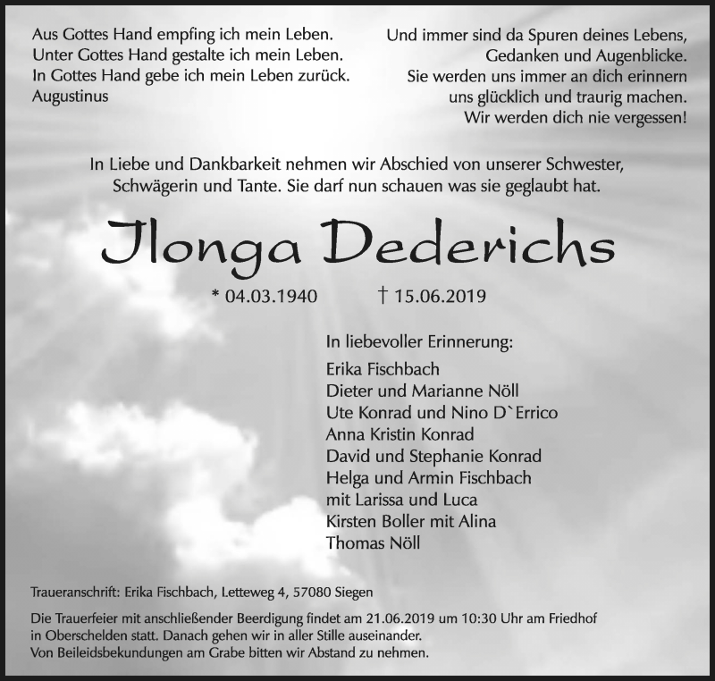  Traueranzeige für Jlonga Derderichs vom 18.06.2019 aus Siegener Zeitung